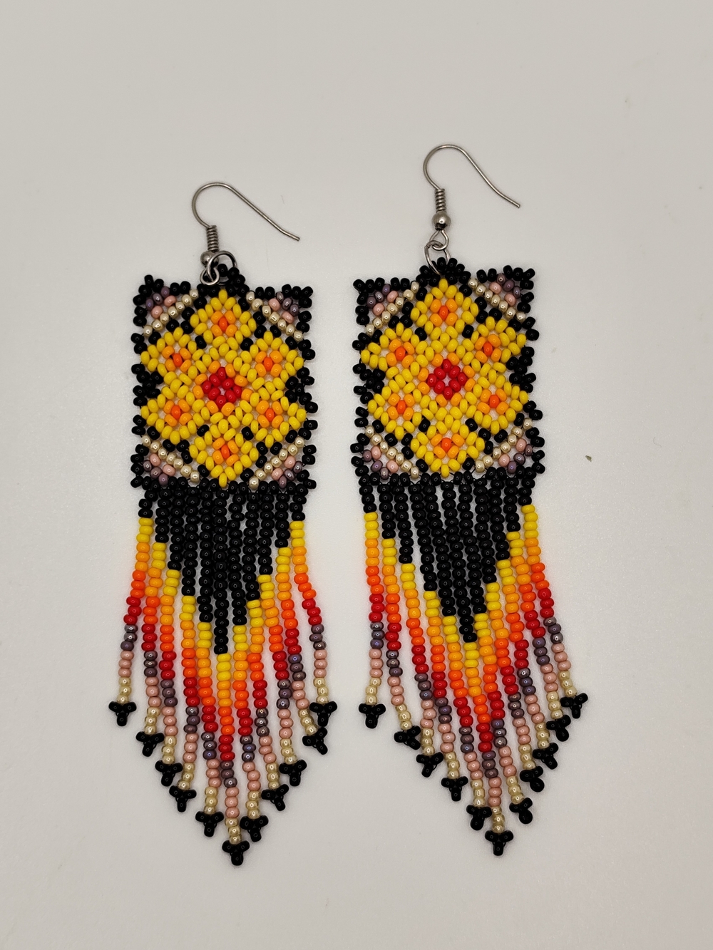 Handcrafted Beaded Fringe Earrings - Yellow & Black